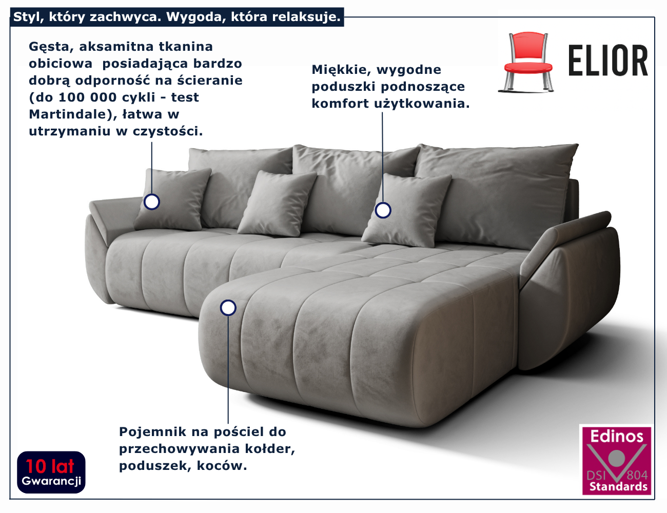 Jasnoszary narożnik welurowy do salonu Ikto