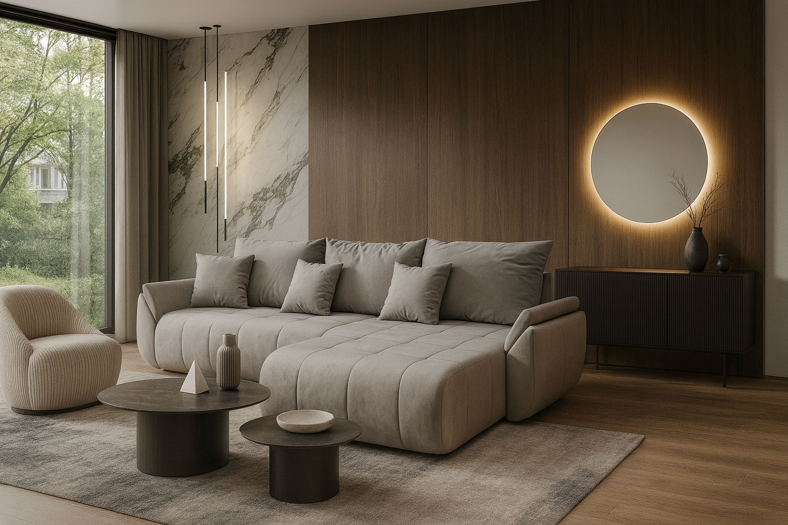 Wnętrze nowoczesne z jasnoszarym narożnikiem Ikto