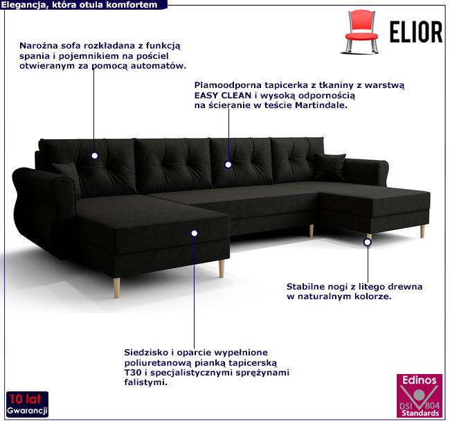 Czarna kanapa narożna z funkcją spania w kształcie U Pixi