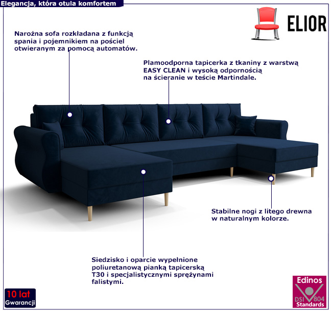 Granatowa kanapa narożna z funkcją spania w kształcie U Pixi