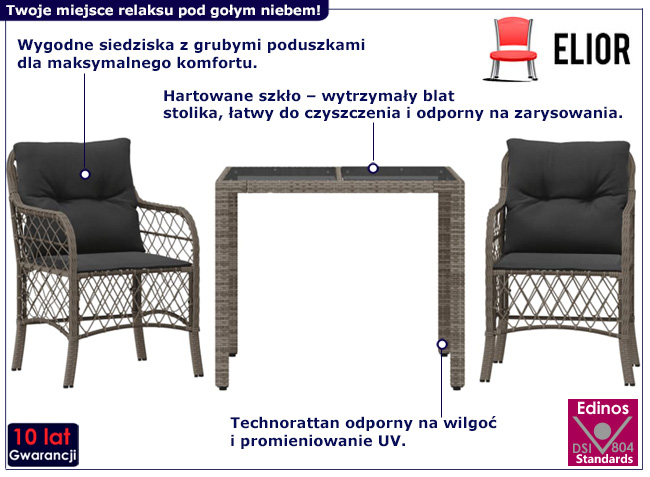 Szary zestaw mebli ogrodowych solid z czarnymi poduszkami