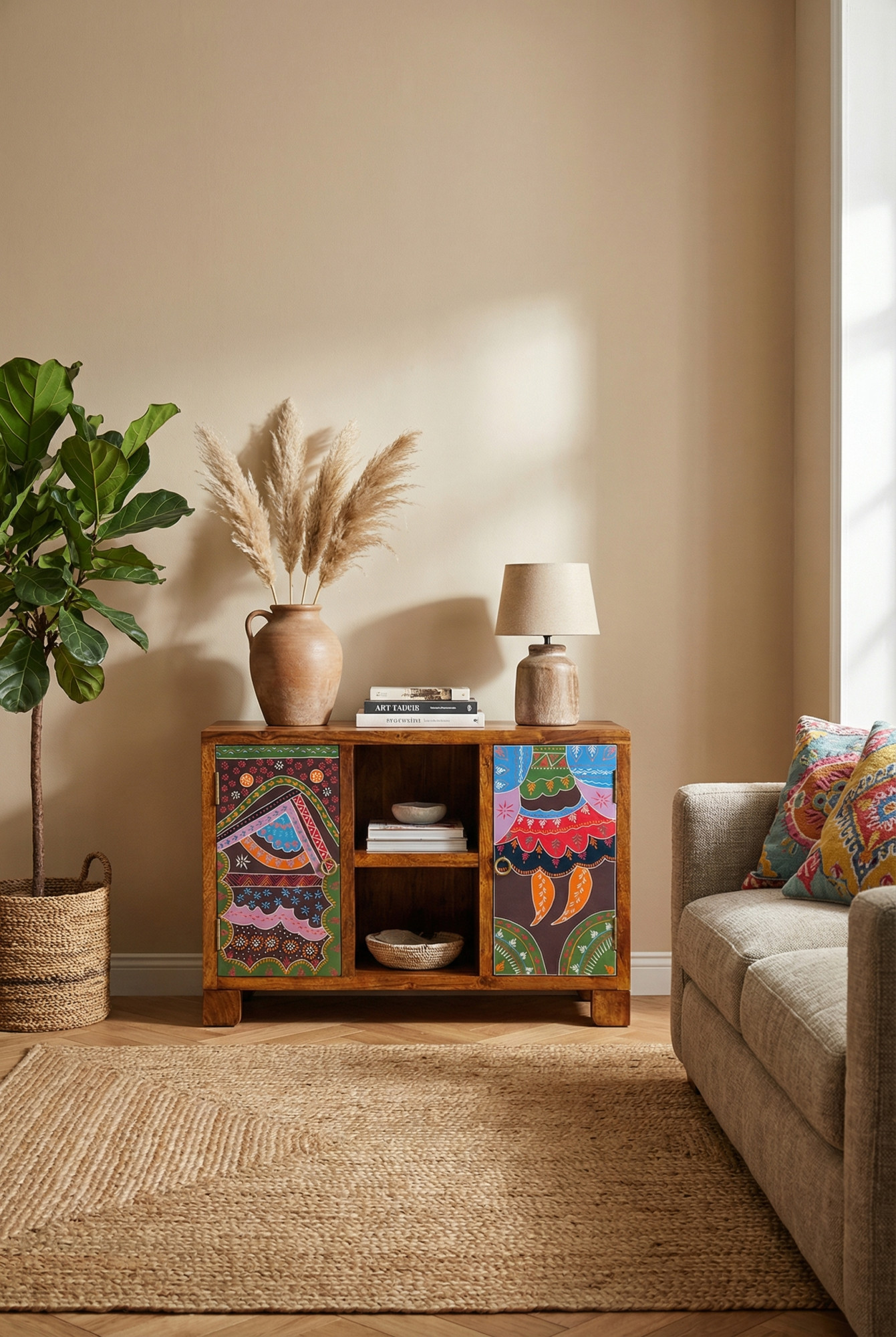 Aranżacja salonu z komodą drewnianą Ostelo