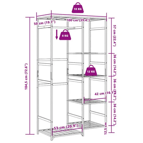 wymiary szafki na ubrania z półkami Elfiko 9X