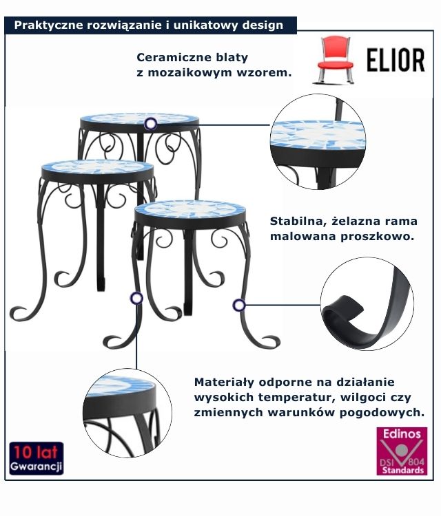 Infografika 3 szt stojaków na kwiaty Mariel
