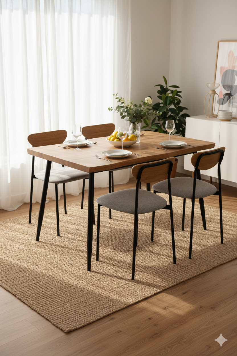 Aranżacja jadalni z prostokątnym stołem z 4 krzesłami - Insea