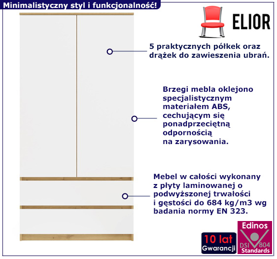 Szafa dwudrzwiowa na ubrania biała Ollos