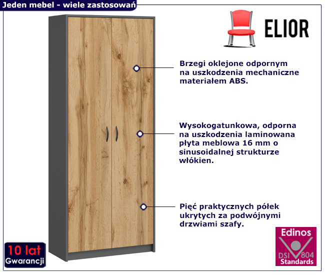  minimalistyczna antracytowa szafa dwudrzwiowa z półkami Exorta