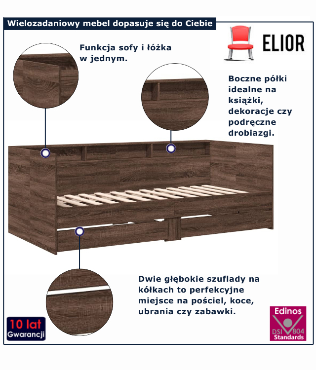 infografika łóżka z szufladami Orelia brazowy dab