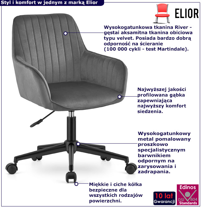 Szary welurowy fotel obrotowy Marcile