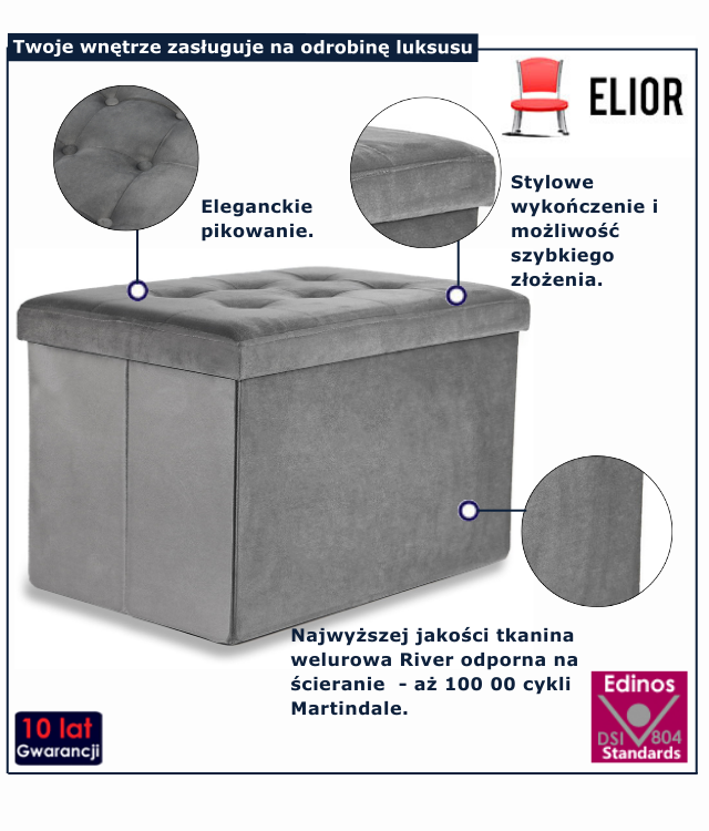 Szara welurowa pufa tapicerowana Dalia 3X