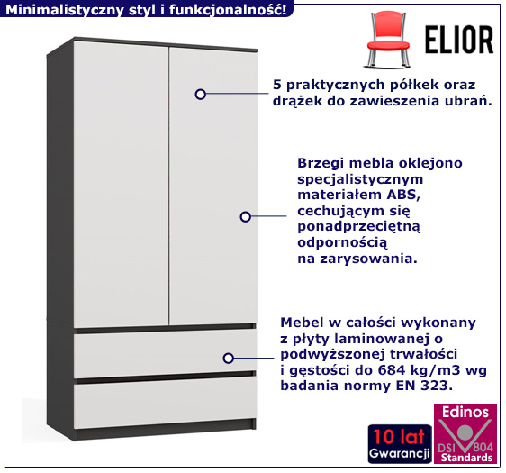 Szafa dwudrzwiowa na ubrania antracyt + biała Ollos