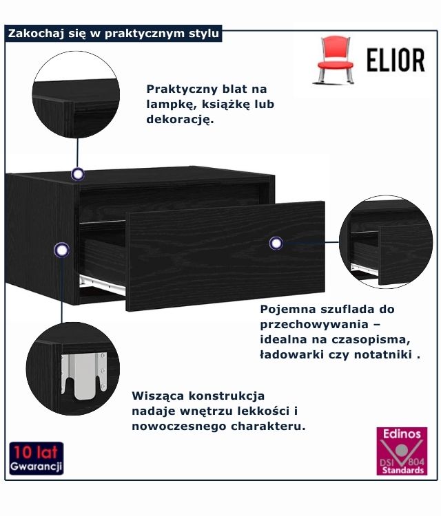 Czarna szafka nocna wisząca Nikor