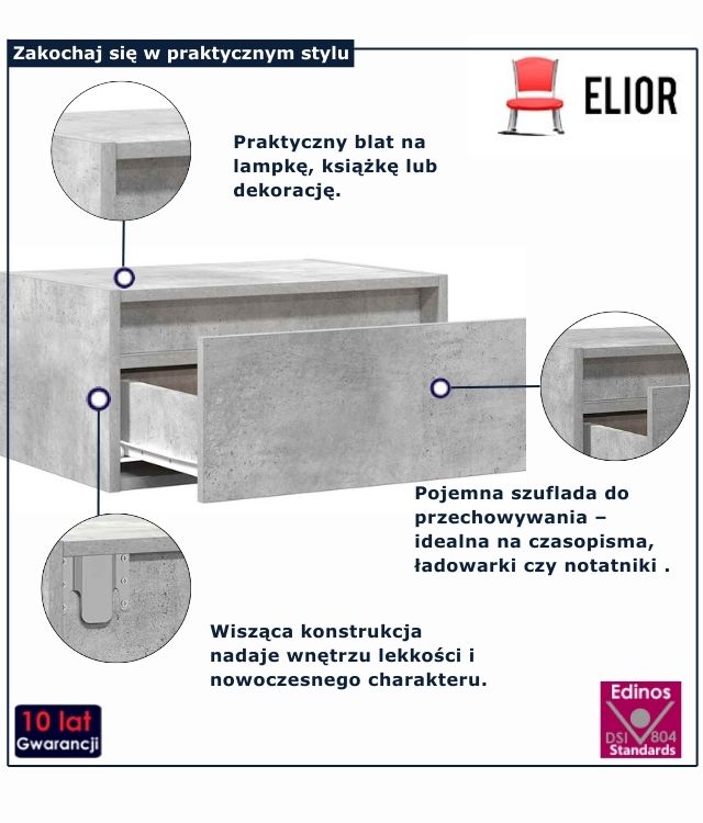 Szara szafka nocna wisząca Nikor