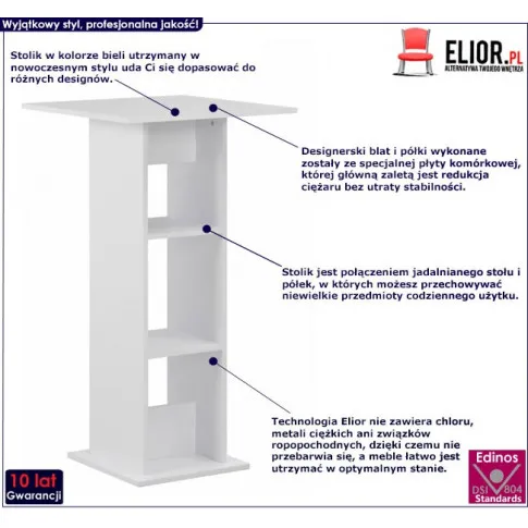 Biały stolik barowy Kira ukazany na opisanej infografice