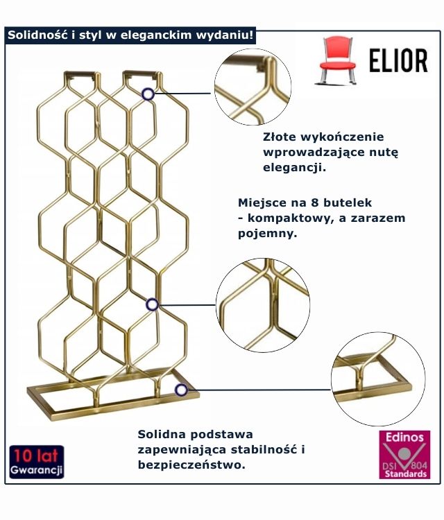 Kompaktowy złoty stojak na wino Zenwa