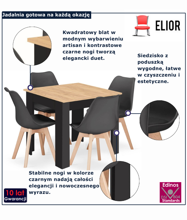 infografika kompletu mebli do jadalni Delori 3X