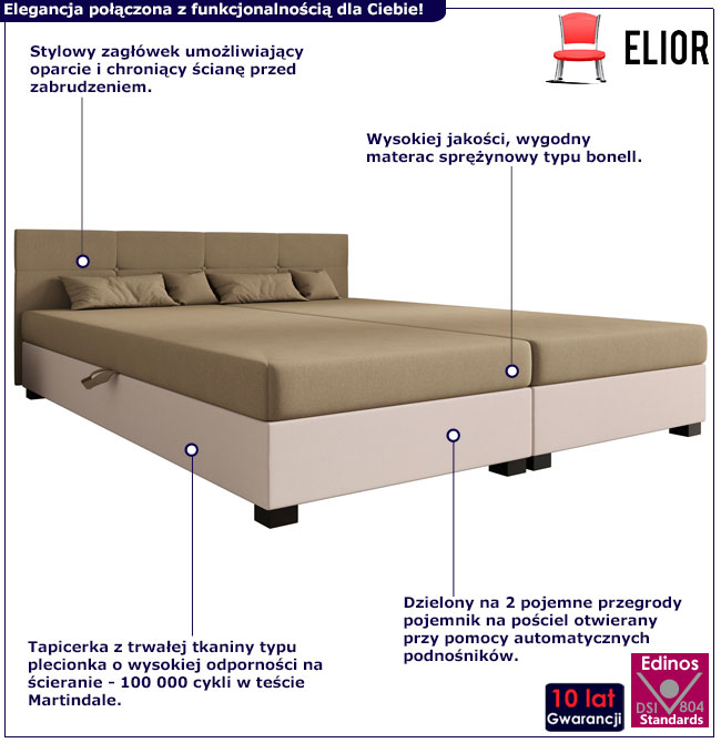 Tapicerowane łóżko dwuosobowe Diksi 3X jasny brąz + ecru