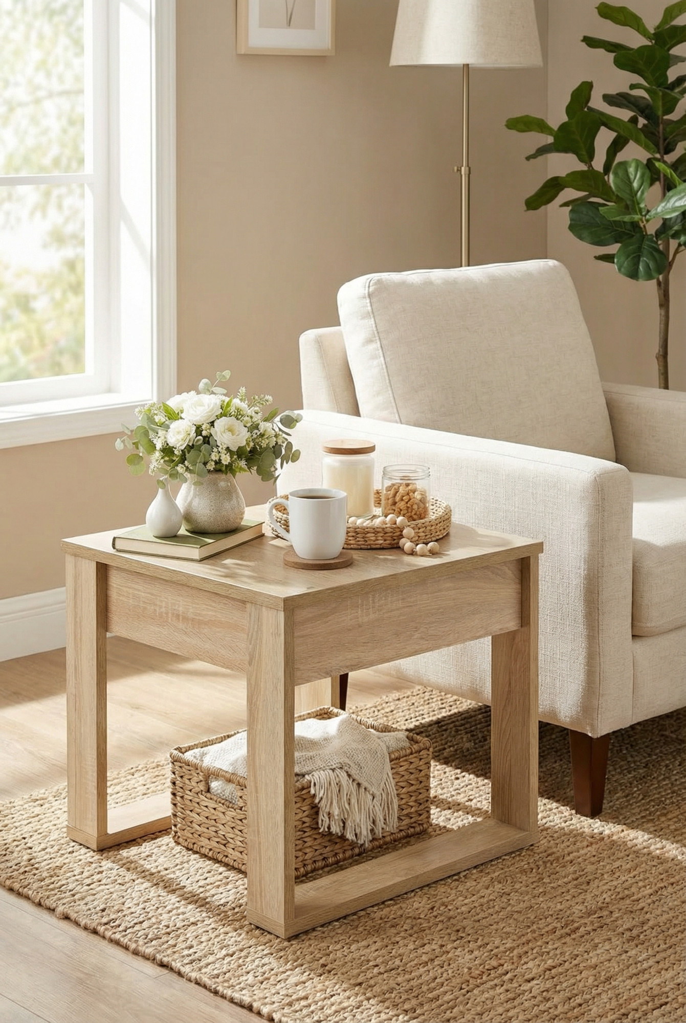 Aranzacja z kwadratowym stolikiem kawowym z szufladą Vermos dąb sonoma