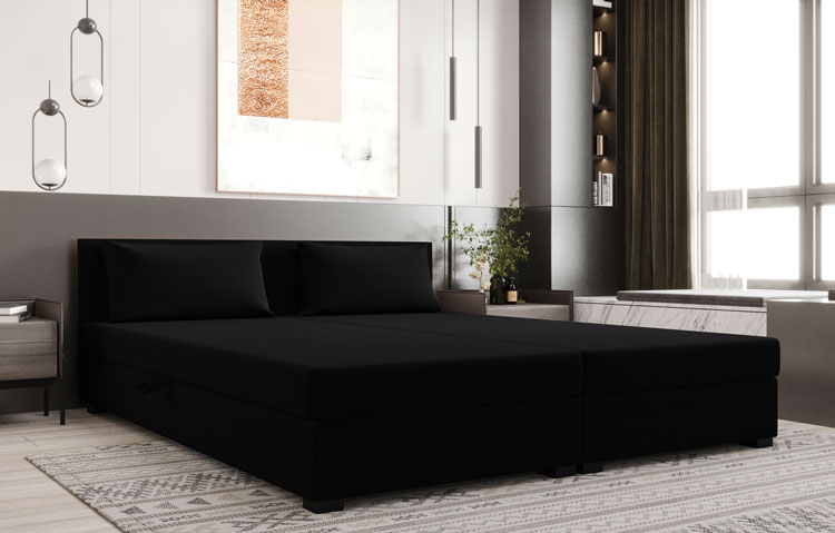 Sypialnia z wykorzystaniem czarnego dwuosobowego tapczanu Efox 3X