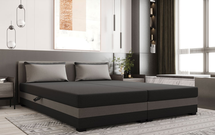 Sypialnia z wykorzystaniem dwuosobowego tapczanu Efox 3X ciemny szary + jasny szary