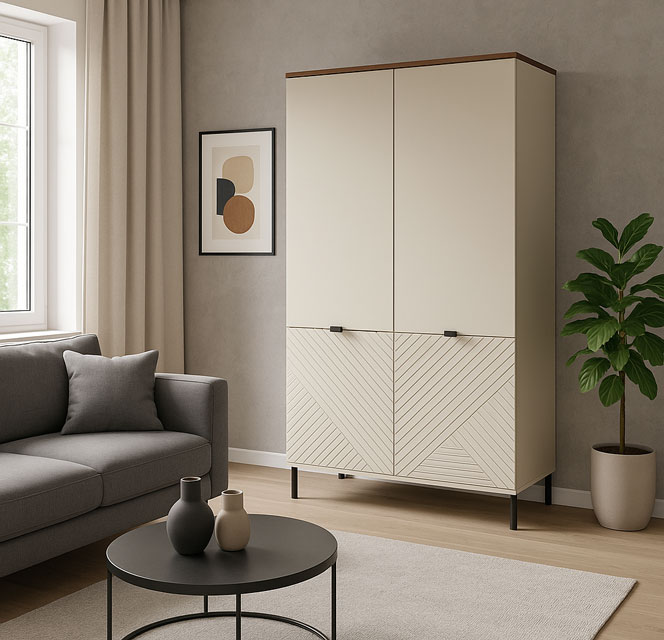 Salon z szafą na nóżkach Milox 13X kaszmir + dąb castello