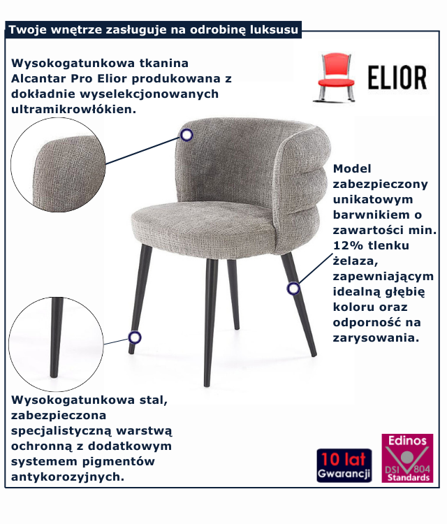 Szare nowoczesne krzesło tapicerowane Candy