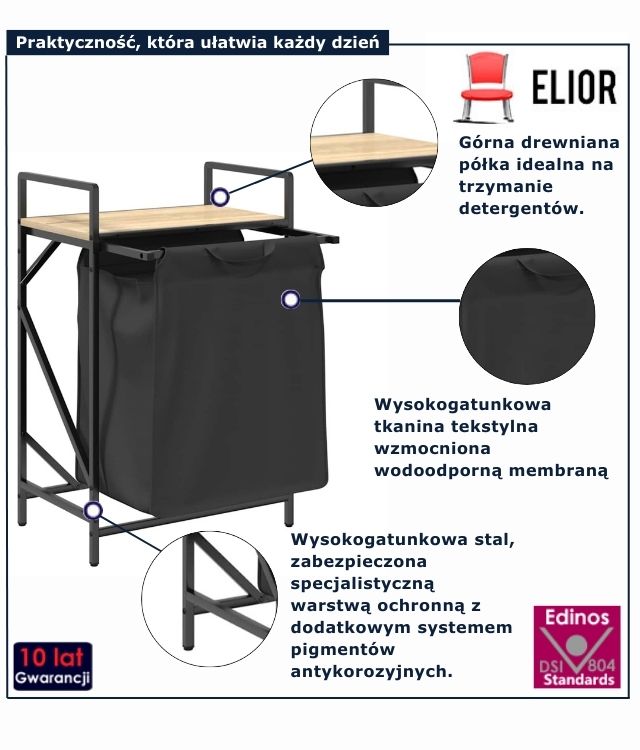 czarny kosz na pranie z półką dąb sonoma Frotto 3x