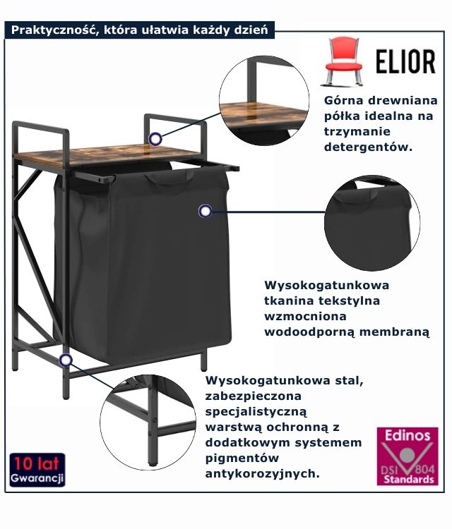 czarny kosz na pranie z półką przydymiony dąb Avignox 3X