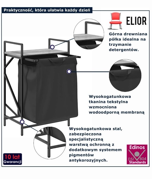 czarny kosz na pranie z półką szary dąb sonoma Avignox 3x
