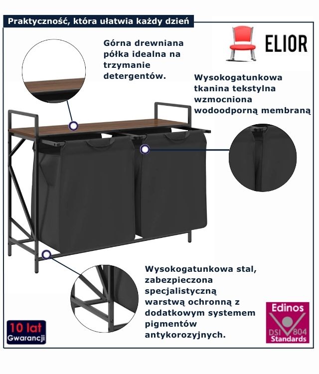 czarny kosz na pranie z półką brązowy dąb Frotto 4x