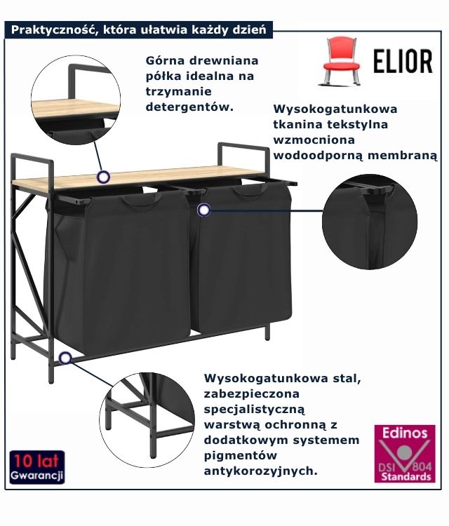 czarny kosz na pranie z półką dąb sonoma Frotto 4x