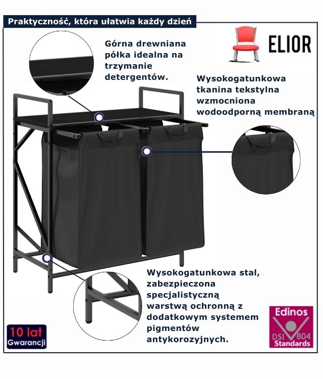 czarny kosz na pranie z półką czarny dąb Frotto 5x