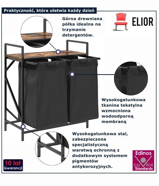 czarny kosz na pranie z półką przydymiony dąb Frotto 5x