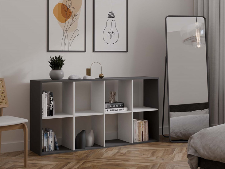Salon z zastosowaniem regału Atela 5X w kolorze biały + antracyt