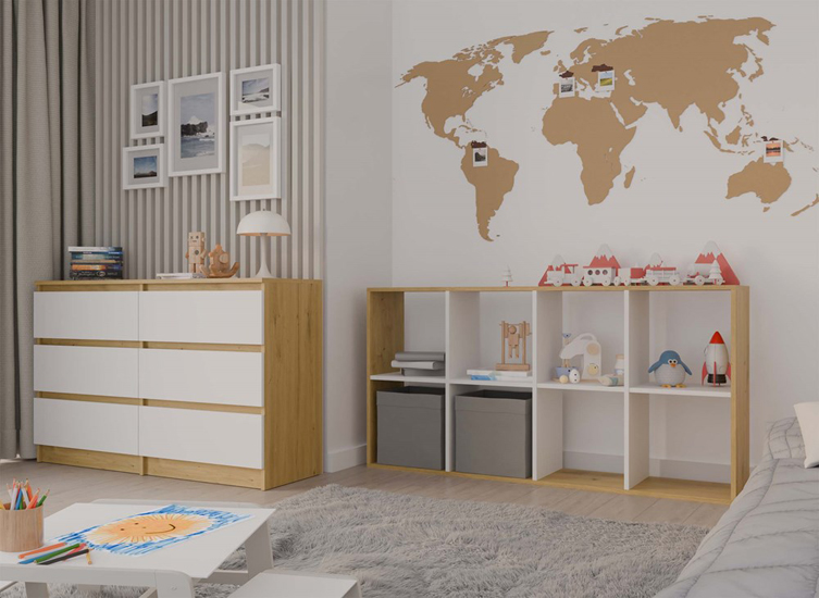 Salon z zastosowaniem regału Begonis 5X w kolorze biały +artisan