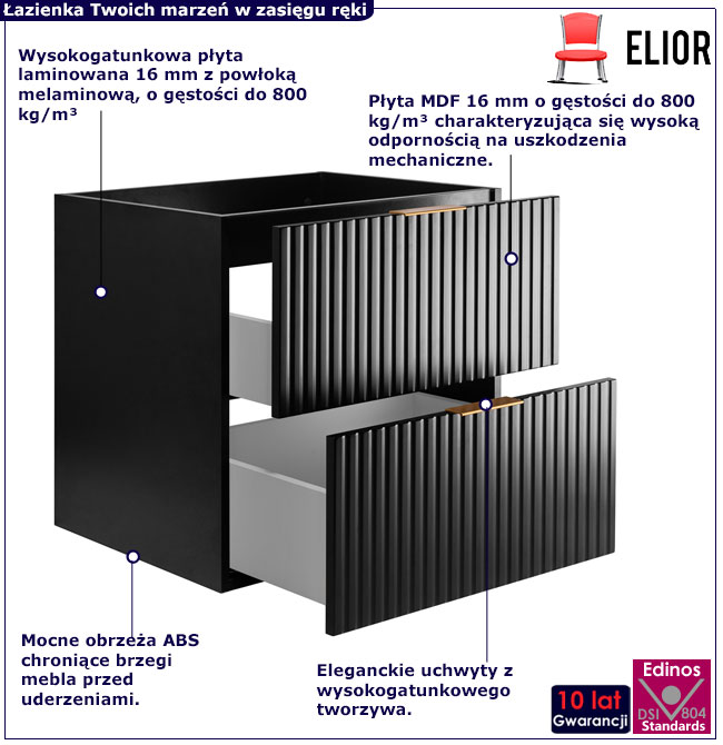 Czarna ryflowana szafka pod umywalkę 60 cm Onellia 3X