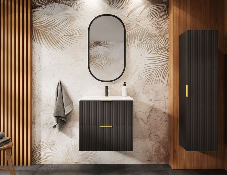 Nowoczesna łazienka z czarna szafką pod umywalkę z 2 szufladami Onellia 3X 60 cm