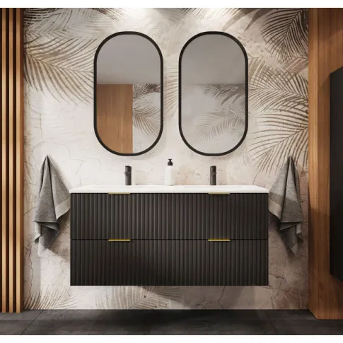 Łazienka z wykorzystaniem czarnej szafki ryflowanej wiszącej Onellia 4X