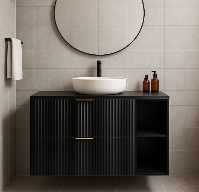 Czarny wąski regał łazienkowy Onellia 6X w połączeniu z inną szafką z kolekcji Onellia