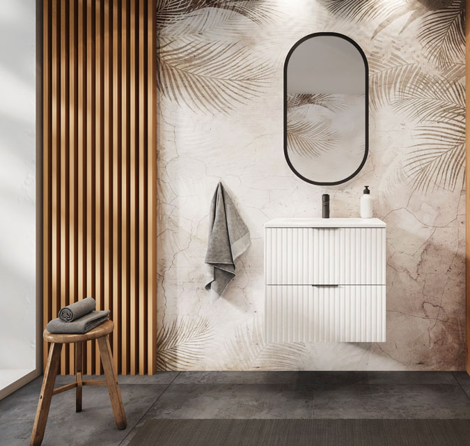 Łazienka z wykorzystaniem białej szafki łazienkowej z szufladami Onellia 3X 60 cm