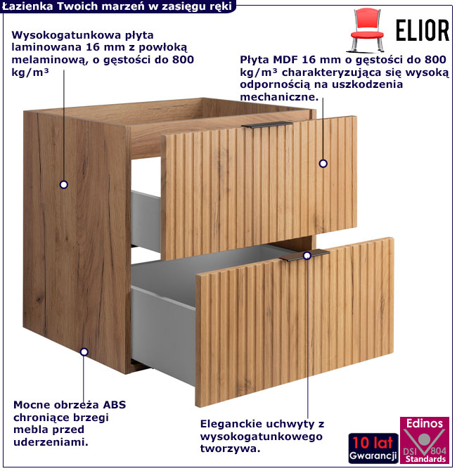 Ryflowana szafka łazienkowa z 2 szufladami Onellia 3X 60 cm dąb craft złoty