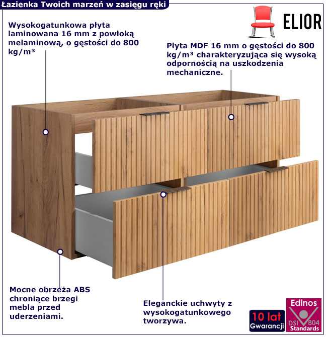 Ryflowana podwójna szafka łazienkowa 120 cm Onellia 4X dąb craft złoty