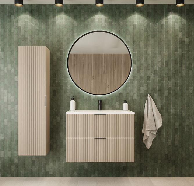 Łazienka z wykorzystaniem wiszącego kaszmirowego słupka ryflowanego Onellia 7X