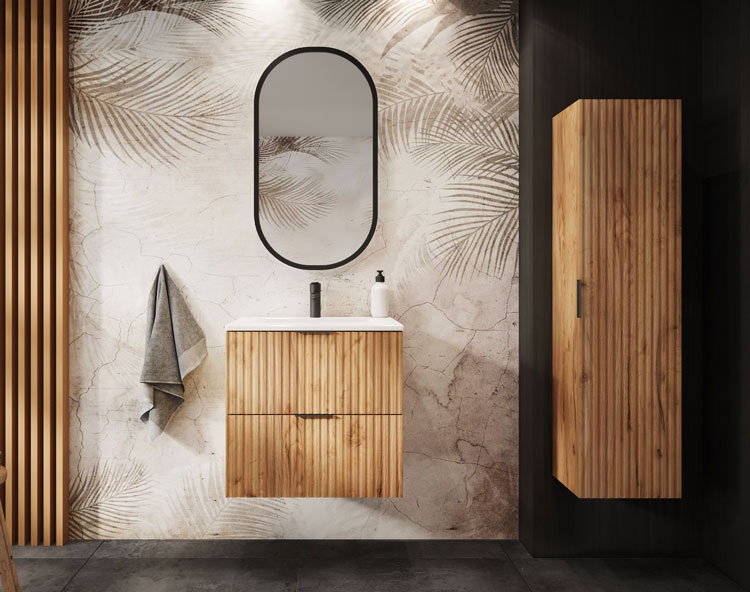 Łazienka z zastosowaniem słupka wiszącego dąb craft złoty Onellia 7X