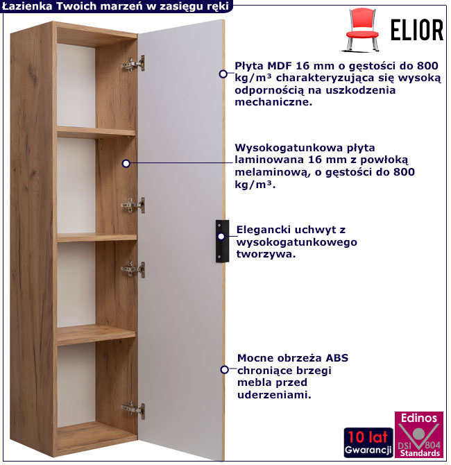 Ryflowany słupek wiszący do łazienki Onellia 6X dąb craft złoty