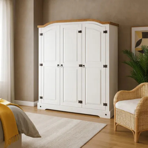 Szczegółowe zdjęcie nr 5 produktu Szafa z potrójnymi drzwiami z drewna sosnowego biały + miodowy brąz - Emaro 5X