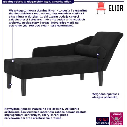 Fotografia Czarny aksamitny szezlong z okragłą poduszką - Aventis z kategorii Fotele wypoczynkowe