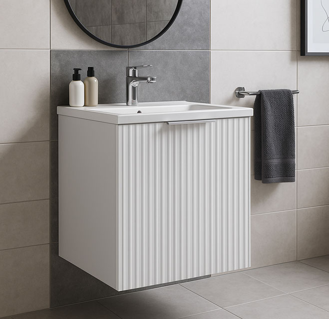 Łazienka z wykorzystaniem białej ryflowanej szafki łazienkowej 40 cm Onellia 8X