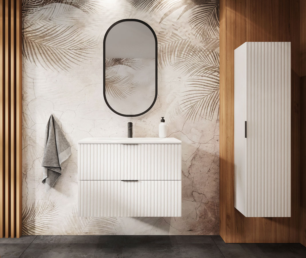 Komplet ryflowanych wiszących białych szafek łazienkowych Onellia 14X