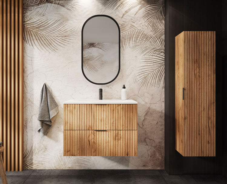 Komplet ryflowanych wiszących zafek łazienkowych Onellia 14X dąb craft złoty